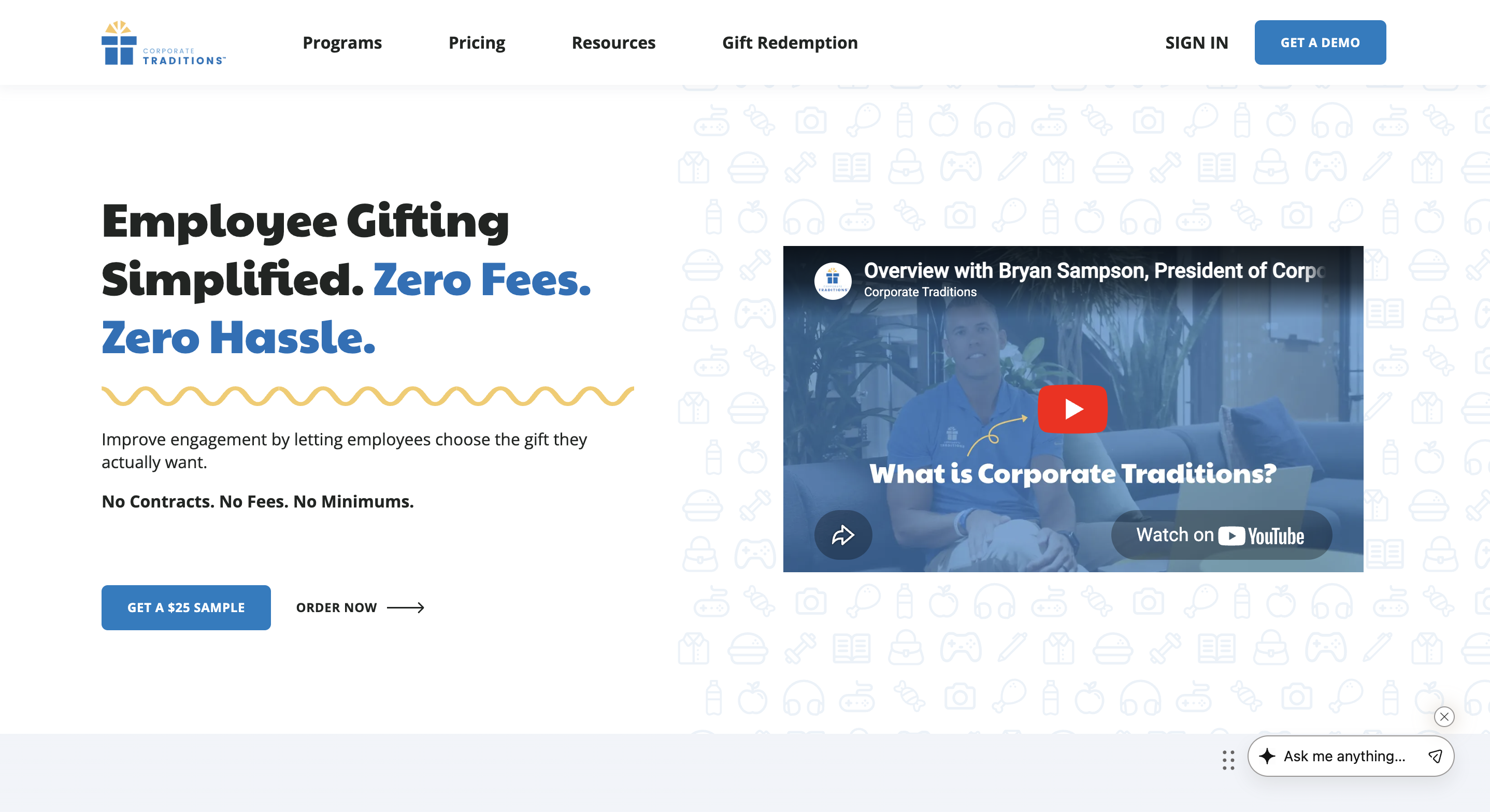 Corporate Traditions employee recognition gift website offering gift cards, physical gifts, and grocery vouchers with no fees or contracts