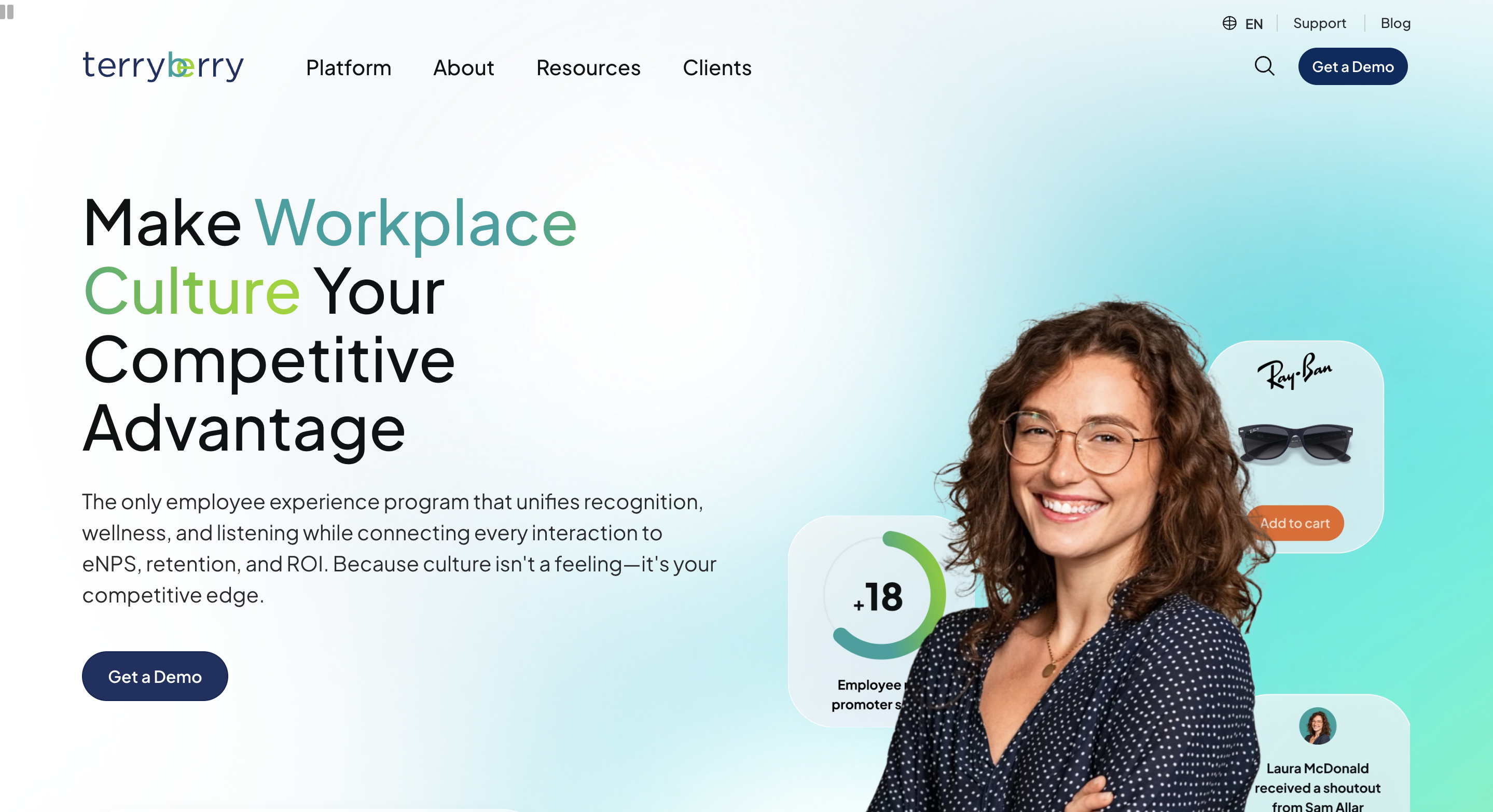 TerryBerry employee recognition platform showing service awards, peer recognition, and wellness features.
