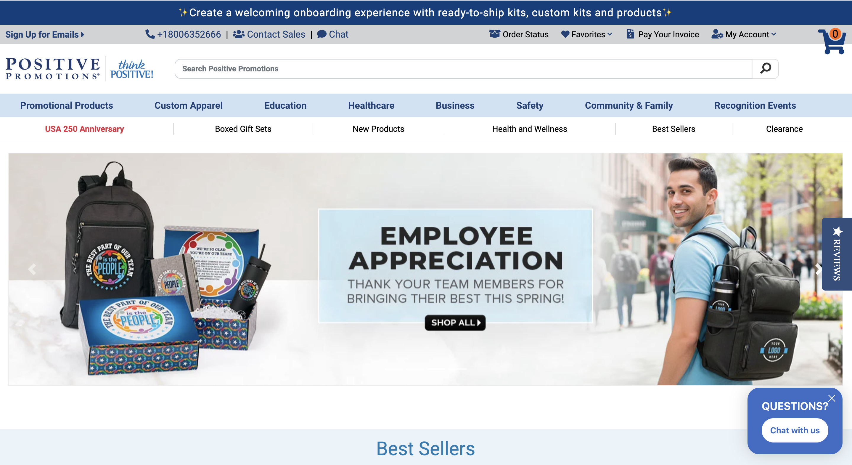 Positive Promotions employee appreciation gifts including custom apparel, tumblers, snack kits, and lanyards.